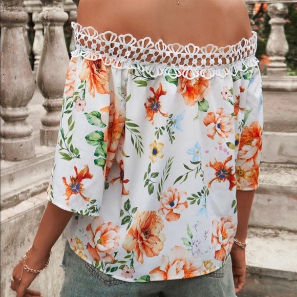 Boho Floral Print Lace Off Drop Shoulder Top Blouse - Picture 4 of 5